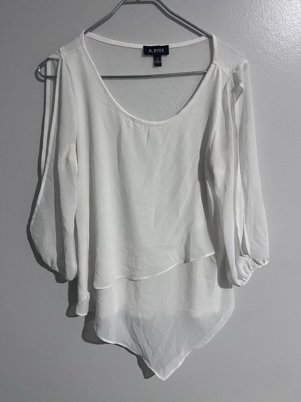 A.BYER Blouse Womens S White Tunic Scoop Neck Chiffon Balloon Sleeve Lined